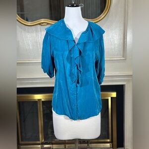 Broomskirts‎ by Lucia Lukken Blue Rayon Ruffle Blouse Sz M Made in USA Vintage